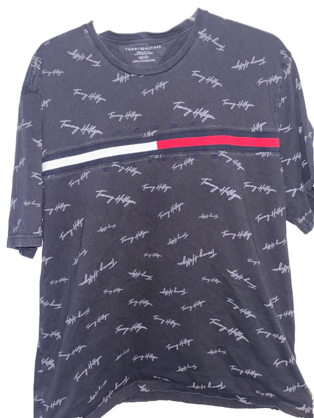 Tommy Hilfiger Shirt Mens 3XL Navy Flag Script Logo All Over Print T-Shirt